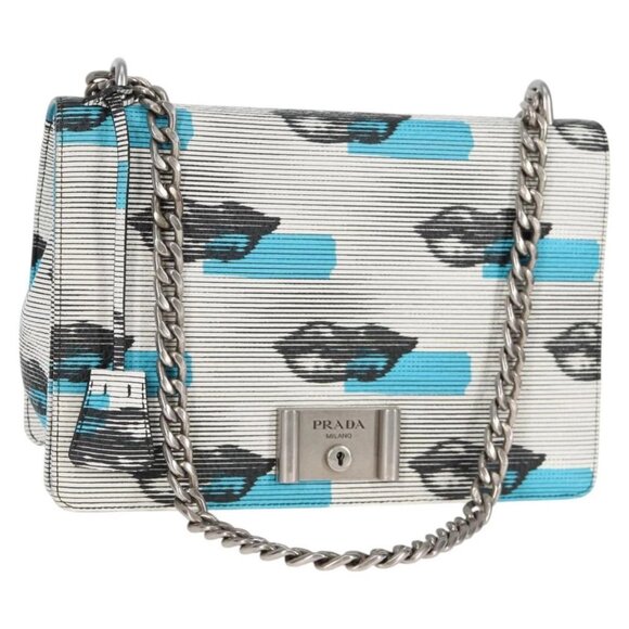 PRADA Chain Shoulder Bag Leather Blue Silver Auth KD283M - Picture 1 of 16